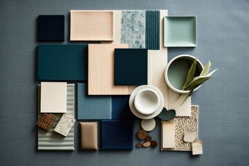 Top view of a sophisticated arrangement featuring fabric and paint samples, lamella panels, and tiles, in a green, blue, and beige color scheme. Created for an architect and interior designer. Ample