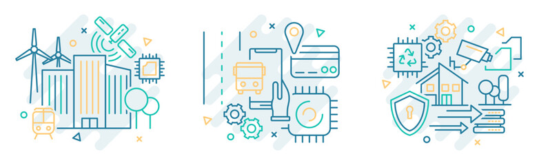 Set of 3 smart city icon illustrations with editable stroke line. Energy efficiency sustainability mobility vector isolated concept