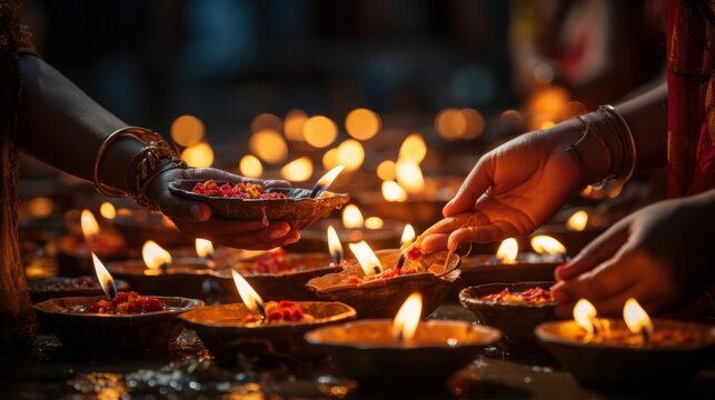 A close - up image of hands lighting Diwali diyas, symbolizing the victory of light over darkness,