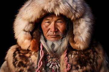 Portrait of eskimo man. Photographer award winning style, alaska, esquimal,  siberia inuit inuk - obrazy, fototapety, plakaty