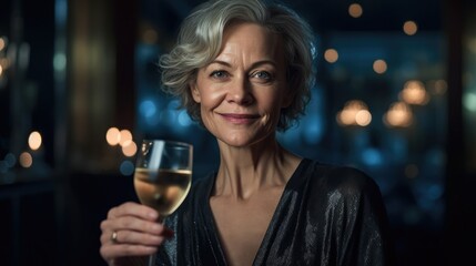Middle aged woman in elegant dress holding champagne glass on New Year's Eve
