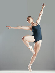 Balance, woman or ballet dancing or moving for wellness, art or creative performance on studio mockup. Art, dancer or girl ballerina training to exercise body or practice routine on white background