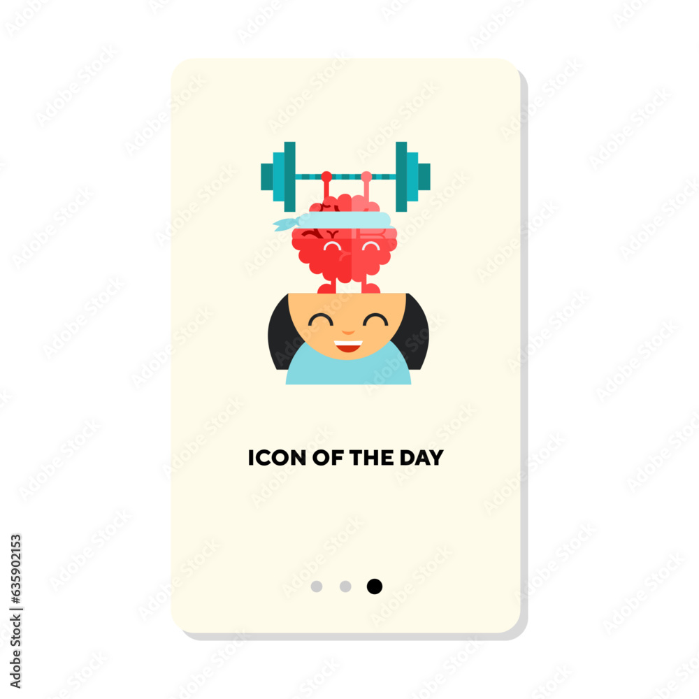 Sticker Child brain exercising and lifting weights flat vector icon. Children showing mind strength isolated vector illustration. Aim achieving, self-development concept for web design and apps