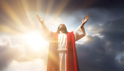 Resurrected Jesus Christ with background of sun rays and clouds.