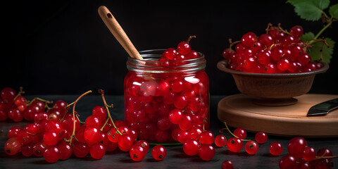 Fresh berries of red currant in the glass jar surrounded with fresh berries