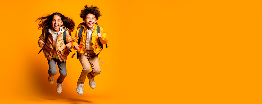 Excited interracial schoolkids with backpacks jumping on yellow background