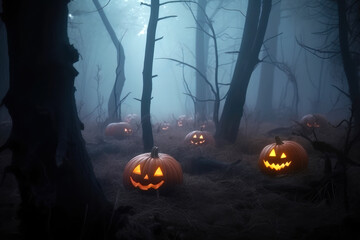 Halloween pumpkins in a dark, foggy forest