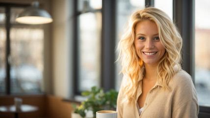 Fototapeta premium beautiful blonde woman in cafeteria relaxed, contemplation and tranquility
