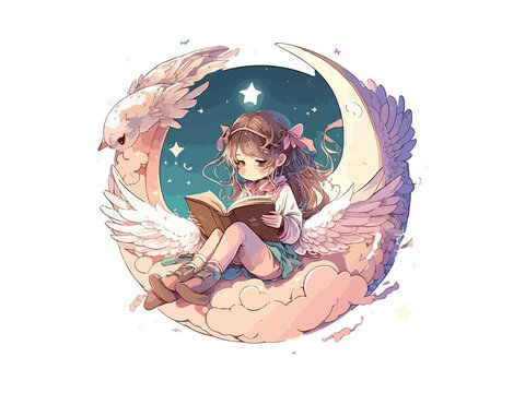 Cute fairy sitting on moon at night reading sleep story book, vector illustration

