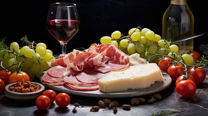  a platter of meat, cheese, and grapes next to a glass of wine.  generative ai