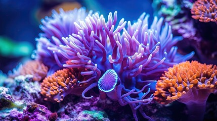  a close up of a purple sea anemone on a coral.  generative ai