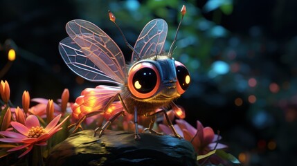 Close - up of a beautiful and cute little firefly; a beautiful waterfall surrounded by the background; style Pixar 3D animation inspired by Pete Docter; rendered in vibrant cool tones,