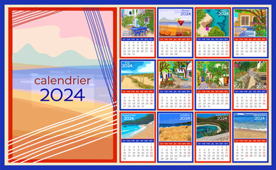 Calendar 2024 in french language. Colorful monthly calendar with various southern landscapes. Cover and 12 monthly pages. Week starts on Monday, vector illustration. A4 pages. - obrazy, fototapety, plakaty