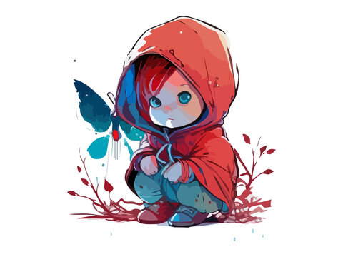 Cute Red Hoodie Little Girl, Fairy Watercolor PNG Clipart

