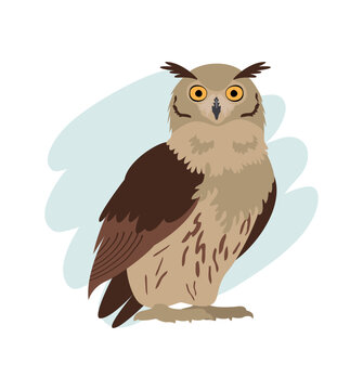 Bird of prey Eurasian eagle owl. Vector flat cartoon illustration on the background of a yellow spot by hand
