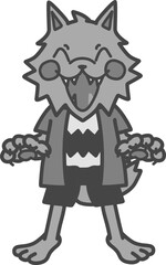 可愛くデフォルメした笑顔の狼男のモノクロイラスト