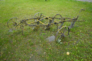  Old plow in agriculture pulled by horses. Mecklenburg-West Pomerania, Germany. 
