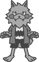 可愛くデフォルメした笑顔の狼男のモノクロイラスト
