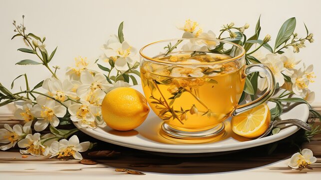  a painting of a cup of tea with lemons and flowers.  generative ai