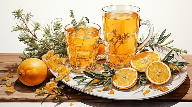 a painting of oranges and tea on a plate on a table.  generative ai