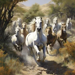 Foto op Canvas A topp 25 horses running through bush, Generative AI.  © Jamila