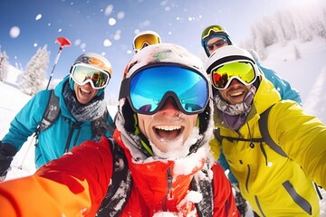 a group of people wearing ski equipment takes a selfie together - Powered by Adobe