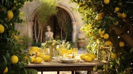 Fototapeta na wymiar Table settings with lemons and greenery in the outdoor dining area