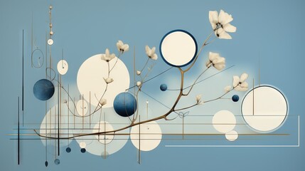  a picture of a tree with white flowers and blue circles.  generative ai