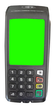 Terminal de paiement electronique avec &eacute;cran vert sur fond transparent