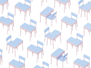 Stylized elementary school desk and chairs pattern, 3d rendering. Digital illustration of a pre-school or kindergarden group in isolated background