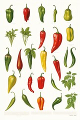 Simple, clean botanical illustration of assorted peppers on a white background.
