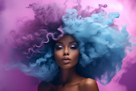 African black woman model with colorful curly hair in pink cyan and blue, portrait, background wallpaper