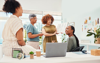 Small business, designer team and women in discussion for collaboration in fashion industry. Group...