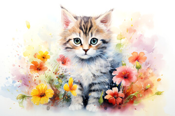 Charming cartoon cat watercolor kitten with floral accents. Drawing art concept
