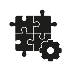 Puzzle with Gear Silhouette Icon, Business Development Concept. Jigsaw Parts and Cogwheel Glyph Pictogram. Creative Solution and Strategy Solid Symbol. Isolated Vector Illustration