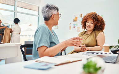 Business women, fashion designer and meeting, planning or teamwork with manager or clients in...