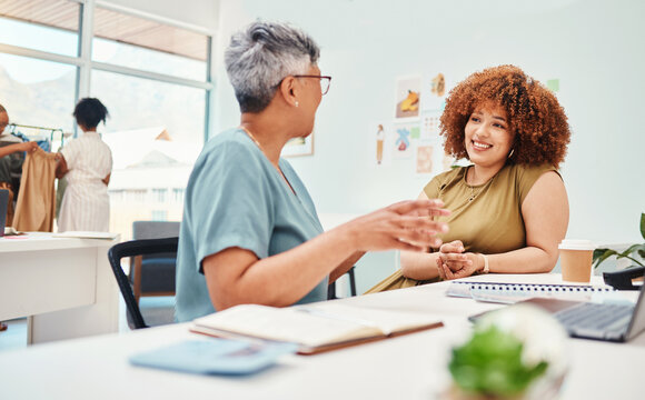 Business women, fashion designer and meeting, planning or teamwork with manager or clients in office workspace. Professional people and artist collaboration, design proposal and internship interview
