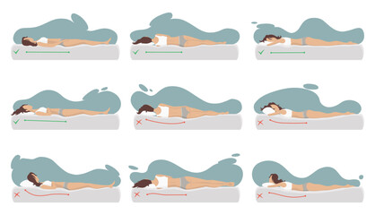 Correct and incorrect sleeping body posture. Healthy sleeping position spine in various mattresses and pillow. Caring for health of back, neck. Comparative vector illustration - obrazy, fototapety, plakaty