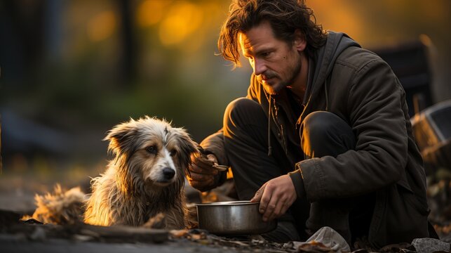 
Homeless man and dirty stray dog, man feeding cute abandoned animal, dog loneliness on city streets. Concept: animal protection and a call for help to the homeless