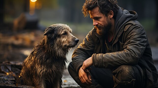 
Homeless man and dirty stray dog, man feeding cute abandoned animal, dog loneliness on city streets. Concept: animal protection and a call for help to the homeless