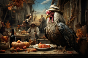 Thanksgiving turkey bird sitting on holiday table with wine and pumpkin. Happy party celebration - obrazy, fototapety, plakaty
