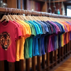 Colorful t-shirts hanging on rack in store, closeup