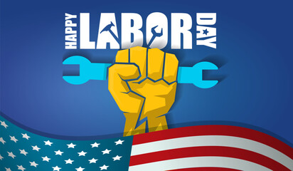 labor day Usa vector label or horizontal background. vector happy labor day poster or horizontal banner with clenched fist isolated on usa flag background . Labor union icon