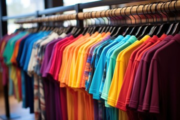 Colorful t-shirts on hangers in a fashion store.