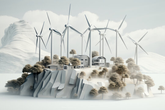 Sustainable power solution wind energy farm on an eco friendly island. Save planet concept