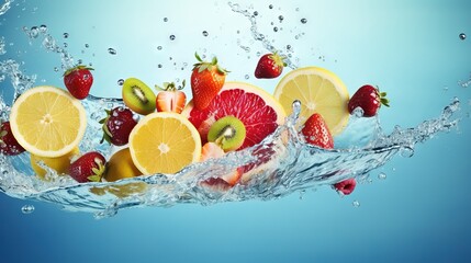  a bunch of fruit that is in the water with a splash.  generative ai
