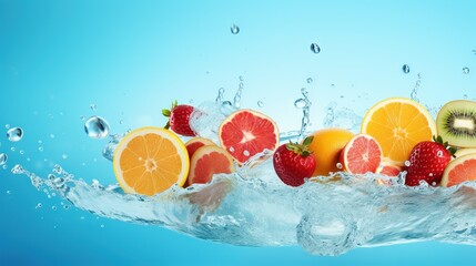  a bunch of fruit that are in the water with a splash.  generative ai