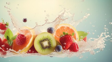  a bunch of fruit is splashing into the water with a splash.  generative ai