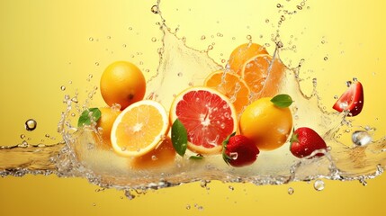  a group of oranges and strawberries splashing into water.  generative ai