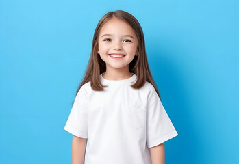 portrait of female child, american, european, canadian, australian cute smiling little girl wearing white t-shirt cloths in blue background 